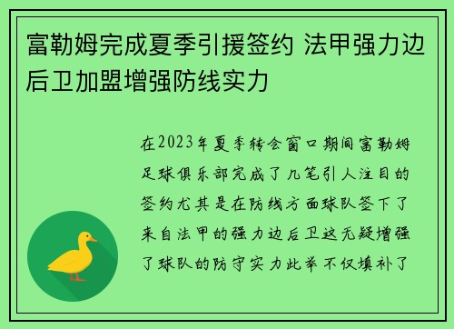 富勒姆完成夏季引援签约 法甲强力边后卫加盟增强防线实力